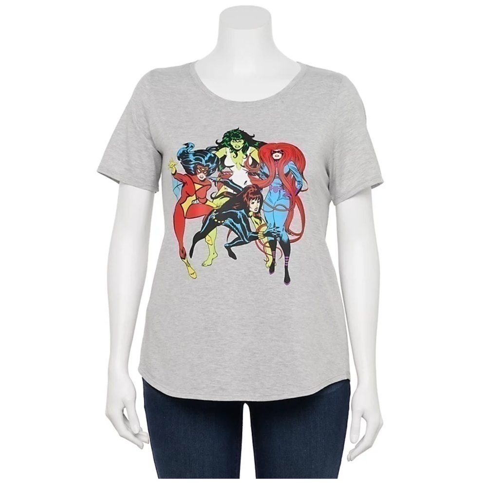 Marvel Women’s T-shirt NWT 1X Superhero Gray Short Sleeve Top